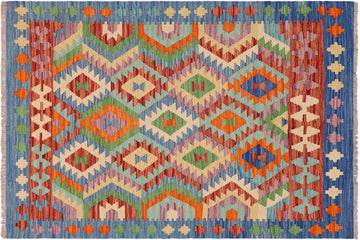 Flat Weave Kilim, Antique, Navaho, Vintage, Handmade, Geometric Kilim Blue Rust Hand-Woven Rectangle 100% Wool Area Rug 4 x 5